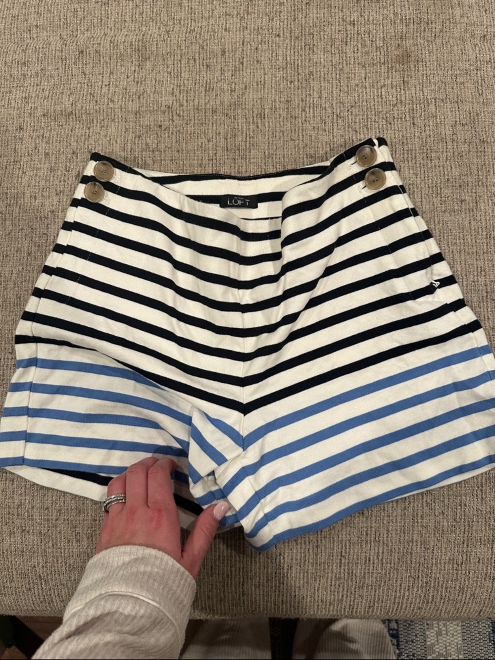 LOFT Striped Sailor High-Waist Shorts in Black, White & Light Blue
